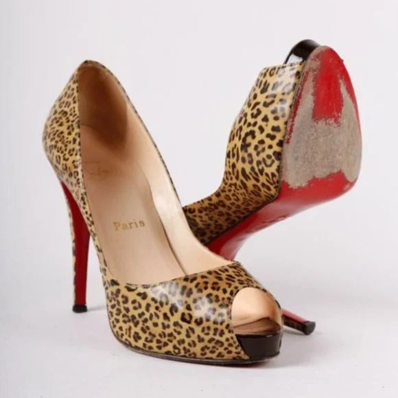 Christian Louboutin Leopard Print Patent Leather Peep Toe Heels - Picture 4 of 8